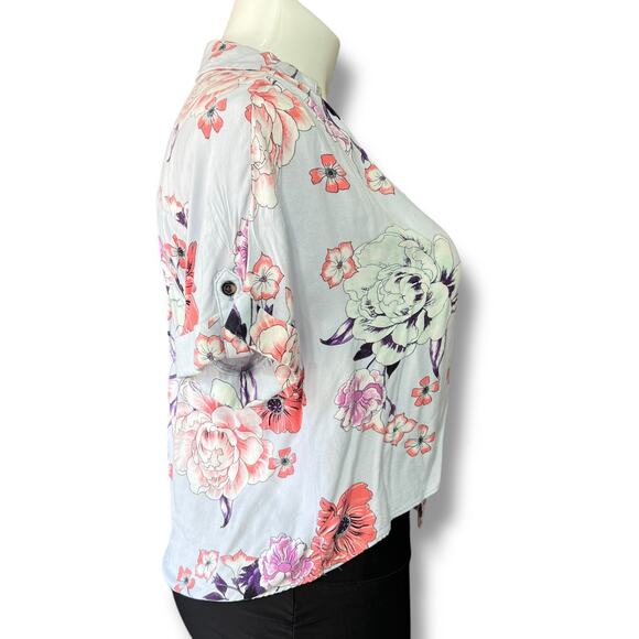 Candies Womens Crop Top Collared Button Down Tie Front Short Sleeve Floral Large - Picture 2 of 11